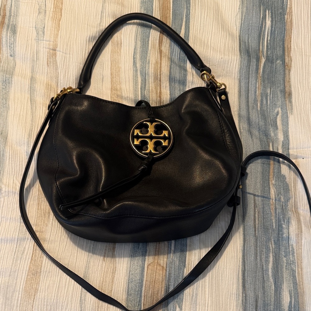 Tory Burch Black Leather Miller Hobo Crossbody Bag with Gold Logo